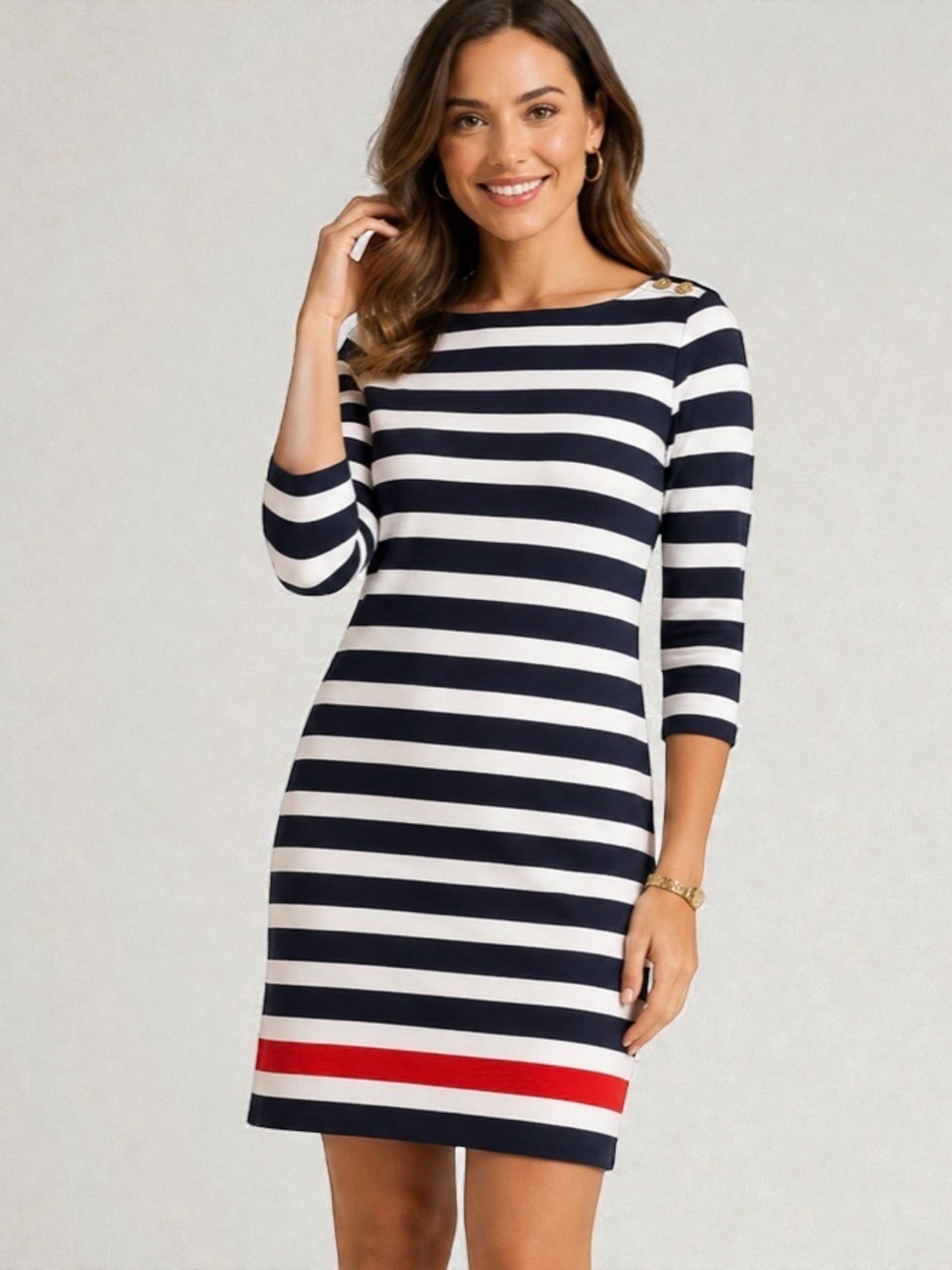 Ralph Lauren Nautical Striped Dress XL Navy Blue White Red Button Shoulder